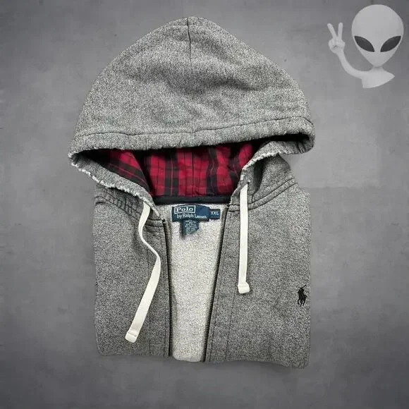 Polo Ralph Lauren Hoodie Size 2XL Grey Full Zip Plaid Lined Hood Jacket vintage - Picture 6 of 6